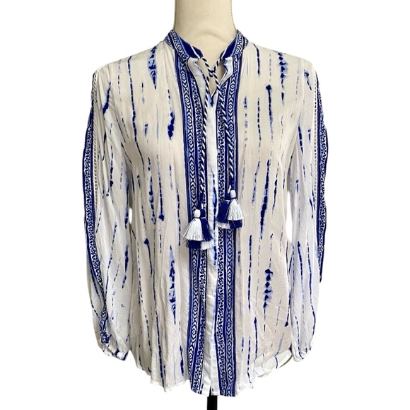 Chico’s Tie Dye Striped Tassel Blouse Size 0P (S) | Coastal Boho Summer Top - Picture 1 of 14